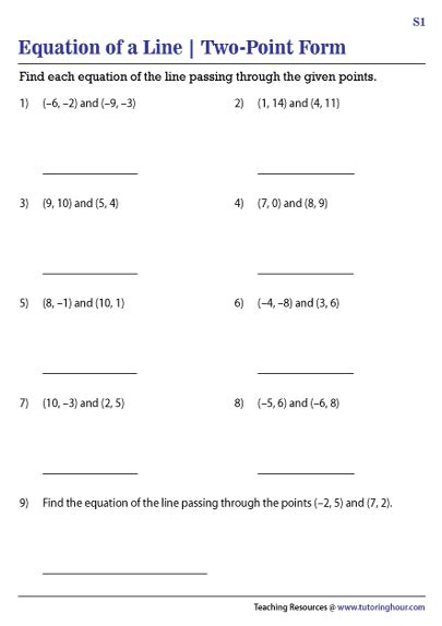 Equation of a line GCSE questions. . Finding the equation of a line given two points worksheet
